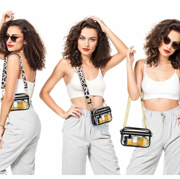 🆕 Clear Boho Stadium Shoulder Crossbody Purse Black Leather Pink Leopard Strap - Picture 4 of 4